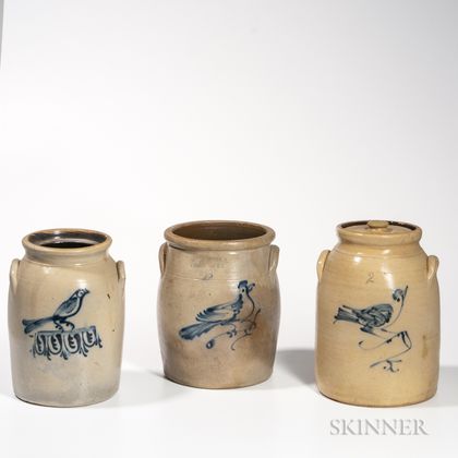 Three Cobalt Bird Decorated Jars