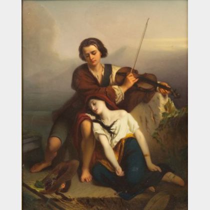 Berlin Painted Porcelain Plaque of a Gypsy Couple