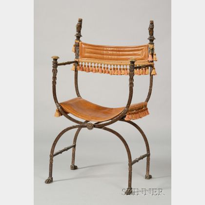 Renaissance Revival Brass and Bronze Curule-form Armchair