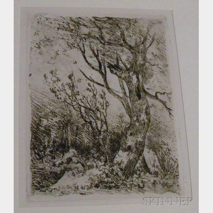 John Crome the Elder (British, 1768-1821) Nine Unframed Landscape Etchings: Deepham, near Hingham, Footbridge at Cringleford, Wicker...