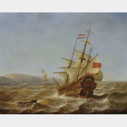 Jean Michel Laurent (French, 1898-1988) Dutch Galleons Approaching Port