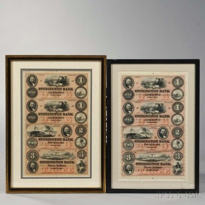 Two Framed Stonington Bank Uncut Obsolete Currency Sheets. Estimate $400-600