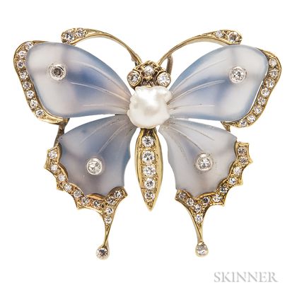 14kt Gold, Blue Chalcedony, and Diamond Brooch