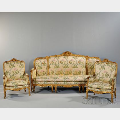 Louis XV-style Three-piece Giltwood Seating Suite