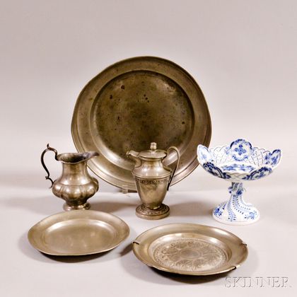 Meissen "Blue Onion" Porcelain Compote and Five Pewter Items. Estimate $100-150
