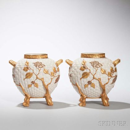 Pair of Royal Worcester Porcelain Wicker Vases