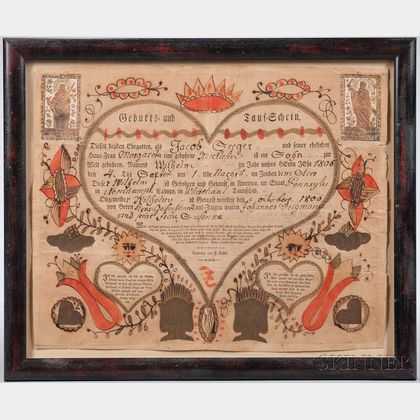 Watercolor-decorated Printed Birth Certificate Fraktur for Jacob Seeger