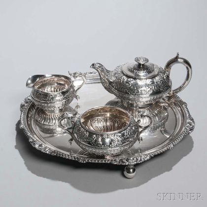 Three-piece George III Sterling Silver Tea Service with Associated Silver-plate Tray