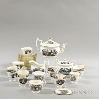 Thirty-four Black Transfer-decorated Ceramic Teaware Items.