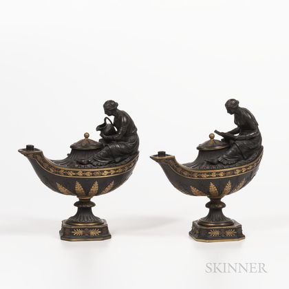 Pair of Wedgwood Gilded and Bronzed Black Basalt Oil Lamps