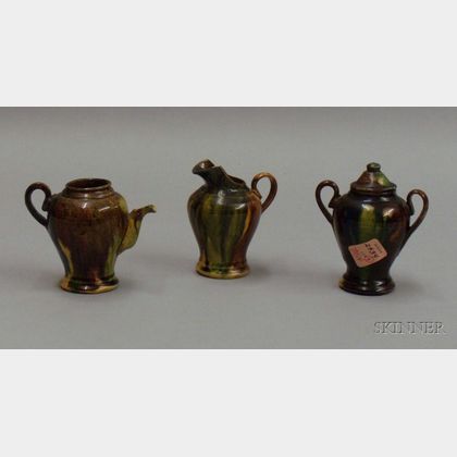 Three Miniature Mottled Glazed Pottery Tea Items
