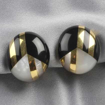 18kt Gold, Black Jade, and Mother-of-pearl Earclips, Tiffany &Co.