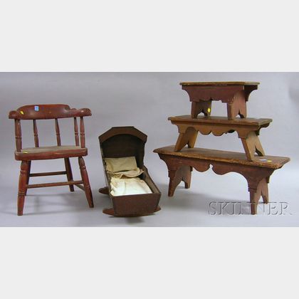Three Wooden Crickets and Stools, a Dolls Mahogany Dovetail-constructed Hooded Rocking Cradle, and a Childs R... 