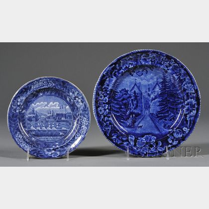 Two Historic Blue Transfer-decorated Staffordshire Pottery Plates