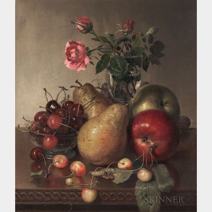 Robert Spear Dunning (American, 1829-1905) Tabletop Still Life with Fruit and Roses
