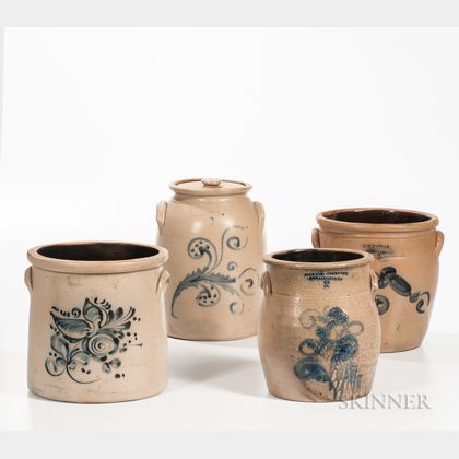 Four Cobalt-decorated Stoneware Crocks/Jars