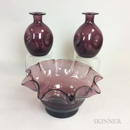 Pair of Amethyst Blown Glass Vases and a Bowl