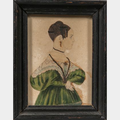 American School, Mid-19th Century Miniature Portrait of a Woman in a Green Dress