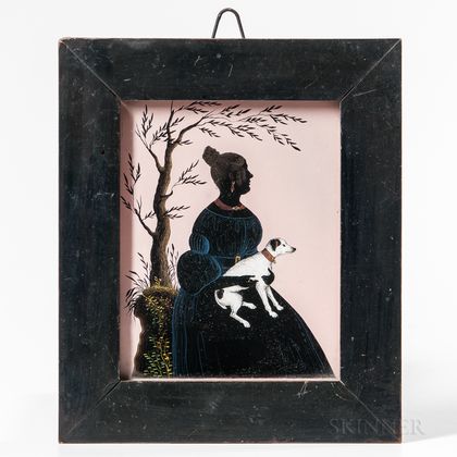 Reverse-painted Silhouette of a Woman Holding a White Dog