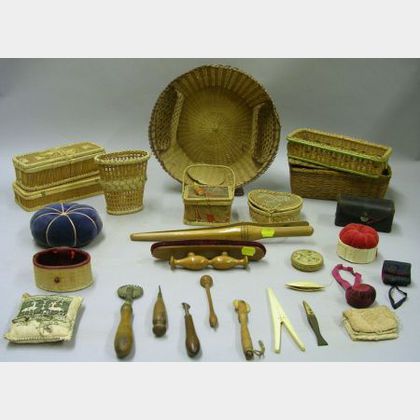 Nine Assorted Small Basketry and Seventeen Sewing and Domestic Articles