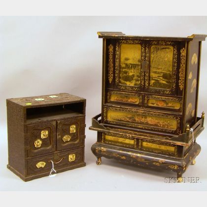Japanese Lacquered Wooden Trinket Chest on Stand and a Satsuma Plaque-mounted Carved Wood Trinket Chest. 