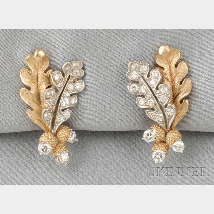 18kt Gold, Platinum, and Diamond Earrings, McTeigue, retailed by Shreve, Crump & Low