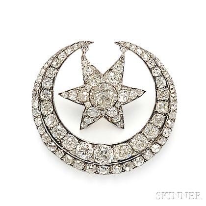 Antique Diamond Star and Crescent Brooch