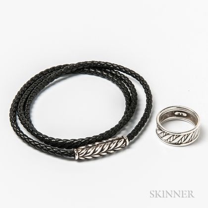 David Yurman Sterling Silver Band and a Black Leather Cord and Sterling Silver Clasp Bracelet