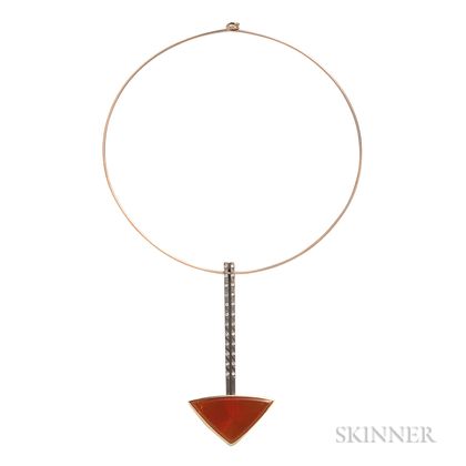 Modernist Gold, Fire Opal, and Diamond Necklace