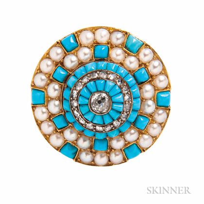 Victorian Gold, Turquoise, Split Pearl, and Diamond Brooch