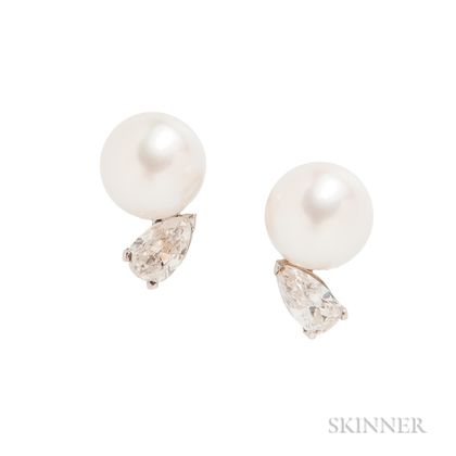 Cultured Pearl and Diamond Earclips