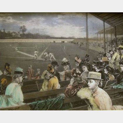 Walnut Framed Hand-colored Etched Resin 1888 Era Baseball Game Scene Plaque