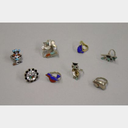 Seven Southwestern Silver and One 18kt Gold Rings