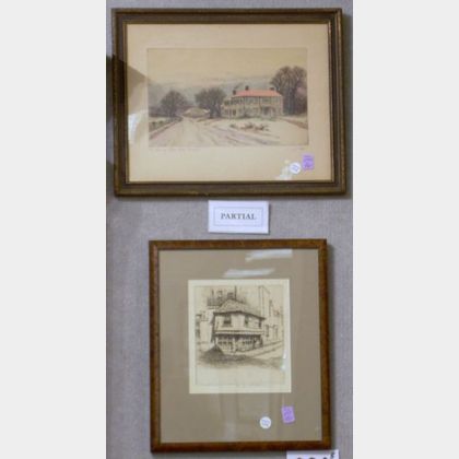 Lot of Five Framed Etchings and Wood Engravings of Portraits and Landscapes