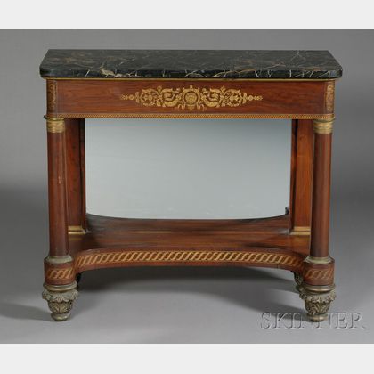 Pair of Classical Rosewood Veneer and Freehand Gilded Mirrored Pier Tables