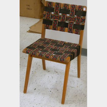 Jens Risom Attributed Blondewood Side Chair with Webbed Strap Upholstery. 
