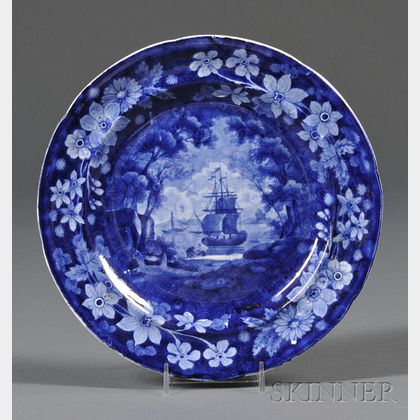 Blue Transfer-decorated Staffordshire Pottery Plate Depicting the Ship Cadmus
