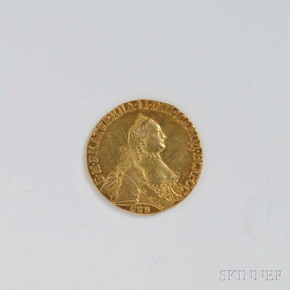 1764 Russian 5 Rouble Gold Coin, PCGS AU50. Estimate $3,000-5,000