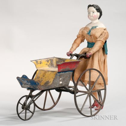 Walking China Doll with Painted Tin Carriage