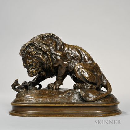 After Antoine-Louis Barye (French, 1795-1875) Bronze Figure of a Lion and Snake
