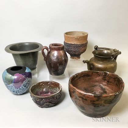 Seven Metal, Glazed Art Pottery, and Glass Vessels. Estimate $400-600