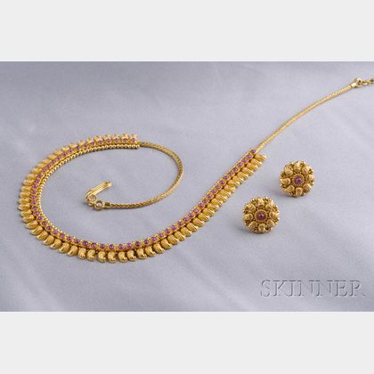 22kt Gold and Ruby Necklace and Earstuds
