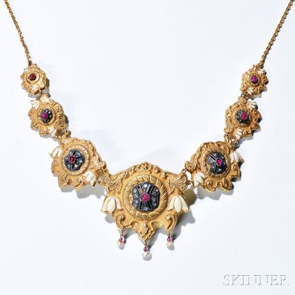 14kt Gold, Enamel, Diamond, Ruby and Pearl Necklace