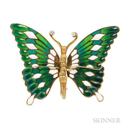 Gold and Plique-a-jour Enamel Butterfly Brooch
