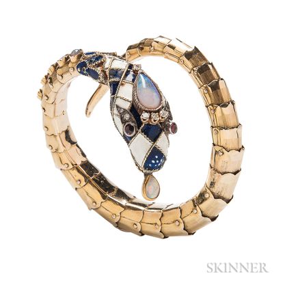 Gold, Enamel, and Opal Snake Bracelet
