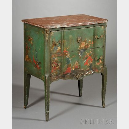 Louis XV/XVI Style Bronze-mounted and Marble-top Green Japanned Commode