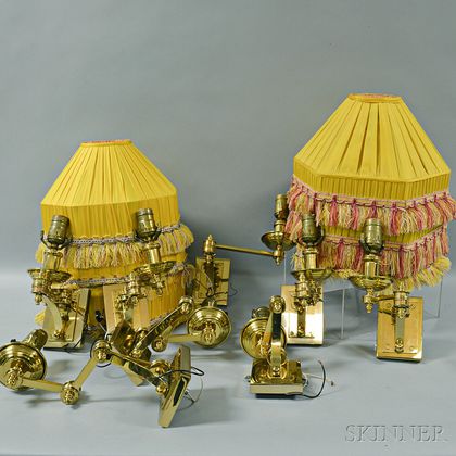 Set of Eight Brass Adjustable-arm Wall Sconces with Silk Shades. Estimate $20-200