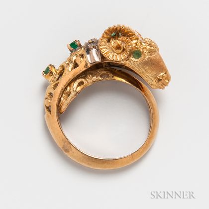 18kt Gold, Emerald, and Diamond Ram Ring