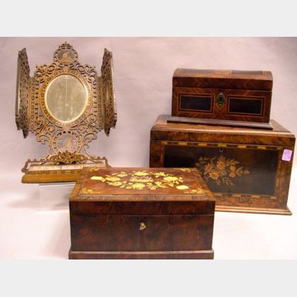 Three European Inlaid and Wood Veneered Boxes and a Folding Mirrored Table Stand. 