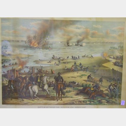 Framed Kurtz & Allison Hand-colored Lithograph Battle Between The Monitor and Merrimac